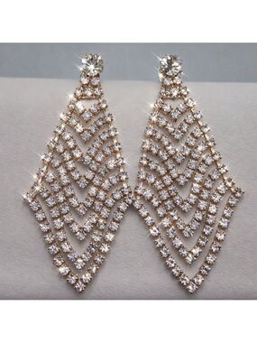 Gold Crystal Chevron Dangle Earrings Formal Sparkle wedding Bride 2”